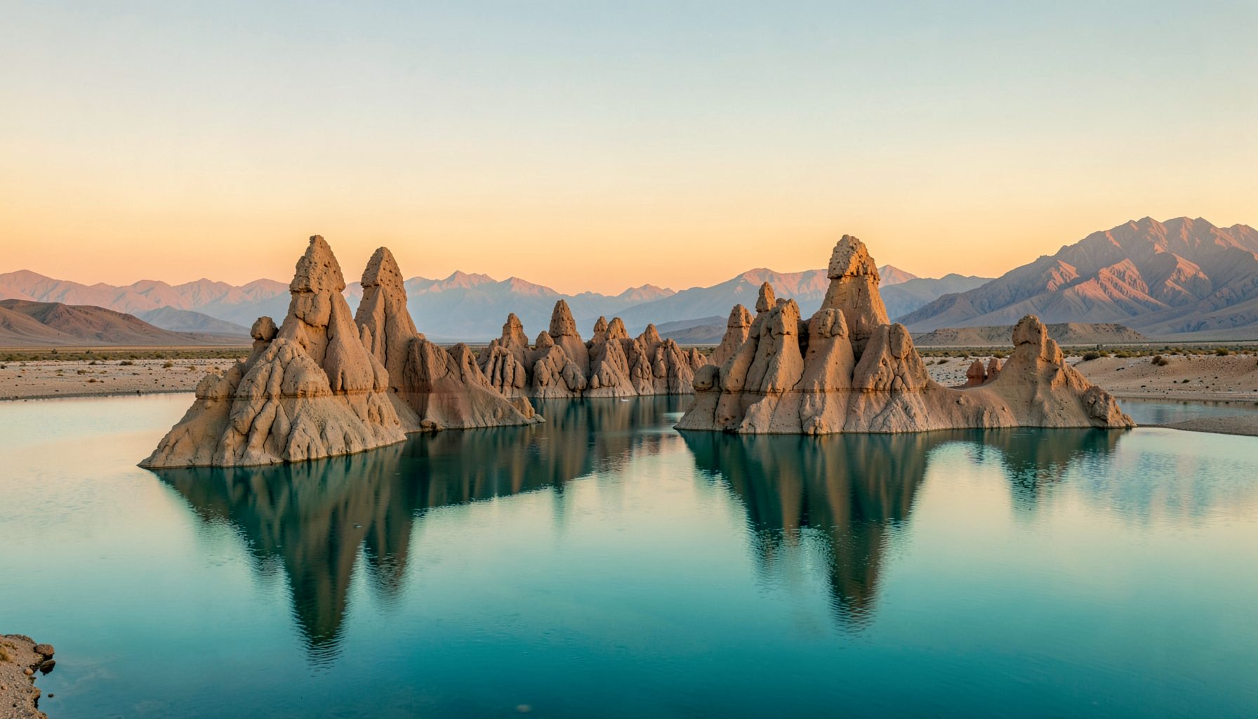 Danau gurun yang tenang dengan formasi batu tufa menjulang dari air biru kehijauan, langit senja berwarna jingga lembut, dan pegunungan jauh di cakrawala