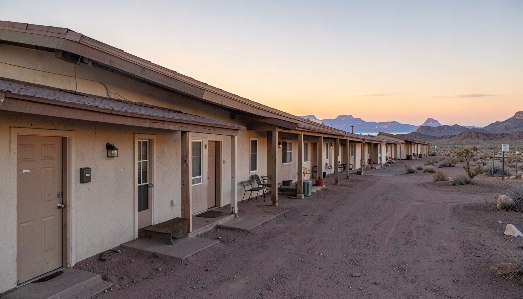 Deretan kamar motel sederhana dengan latar belakang lanskap gurun dan birunya air Pyramid Lake di kejauhan, langit senja berwarna jingga lembut