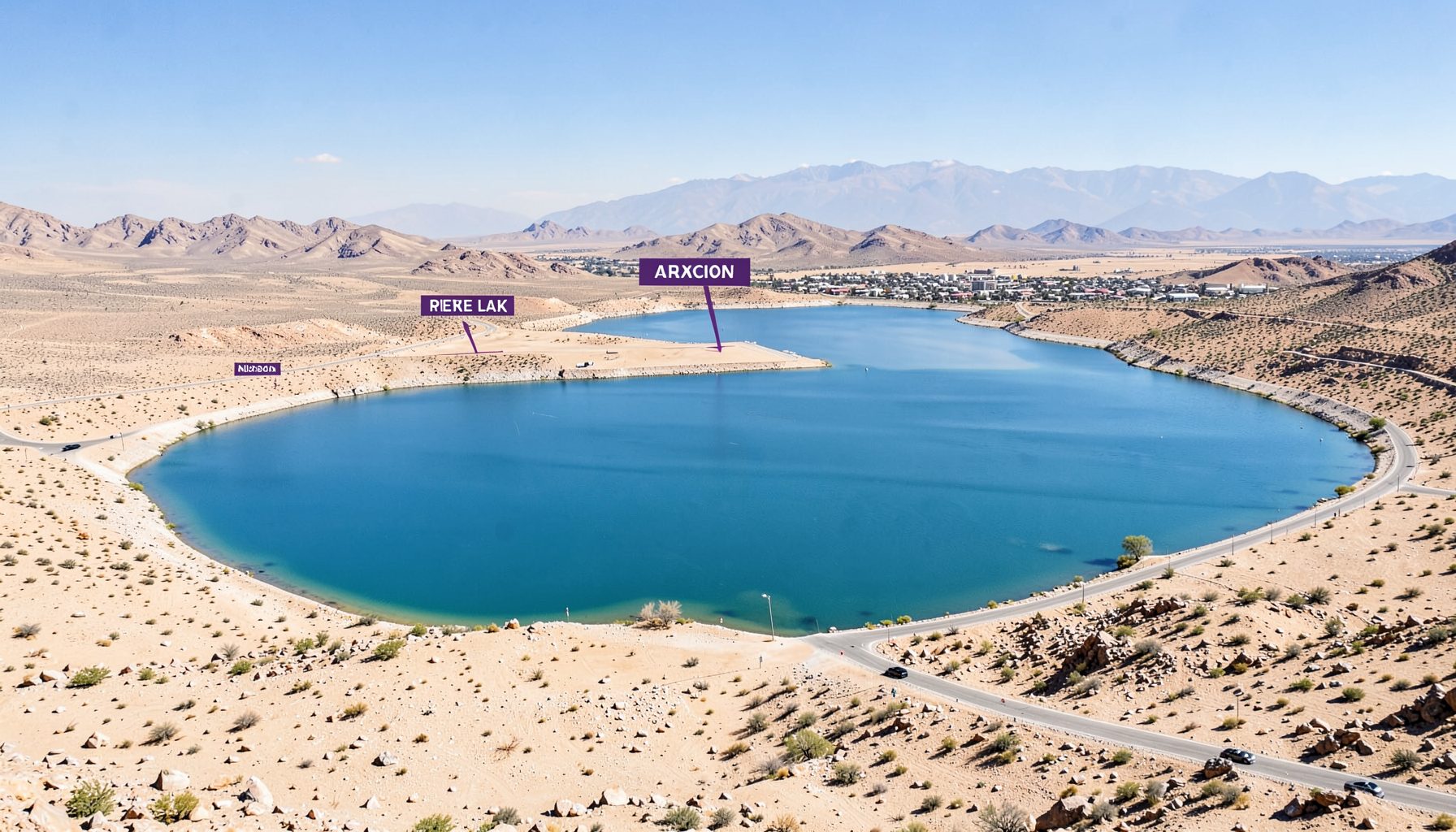 Peta wilayah Pyramid Lake di Nevada barat laut dengan penanda lokasi di tepi danau, menampilkan jalan menuju Reno dan kota Nixon di dekatnya, warna dominan krem gurun dan biru air